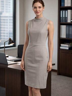 Judith & Charles taupe dress 8 sleeveless knee length corporate girlie summer